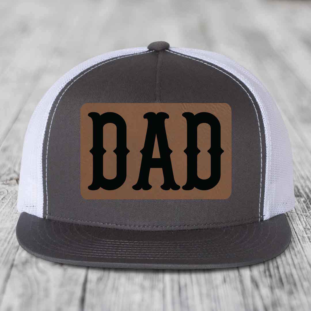 Dad - Leather Patch Hat - Dark Brown to Black Patch - Yupoong 6006 Snapback Flatbill Hat
