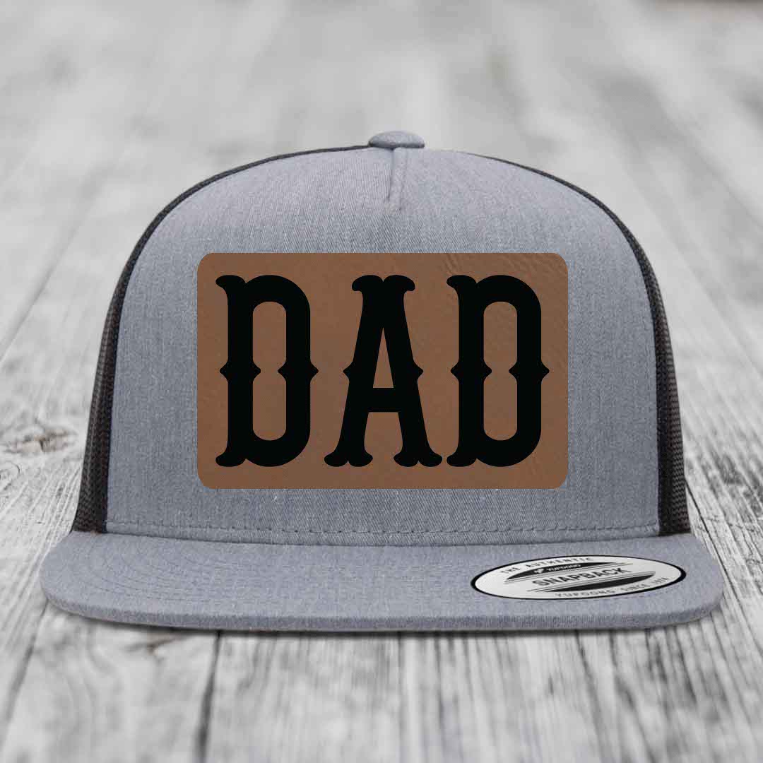 Dad - Leather Patch Hat - Dark Brown to Black Patch - Yupoong 6006 Snapback Flatbill Hat