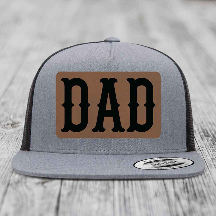 Dad - Leather Patch Hat - Dark Brown to Black Patch - Yupoong 6006 Snapback Flatbill Hat