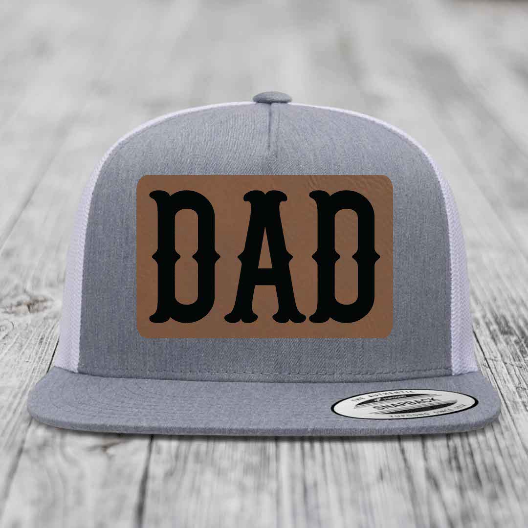 Dad - Leather Patch Hat - Dark Brown to Black Patch - Yupoong 6006 Snapback Flatbill Hat