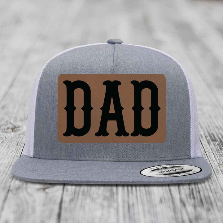 Dad - Leather Patch Hat - Dark Brown to Black Patch - Yupoong 6006 Snapback Flatbill Hat