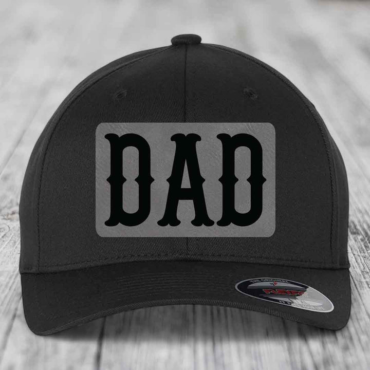 Dad - Leather Patch Hat - Grey to Black Patch - Flexfit 6277 Fitted Hat