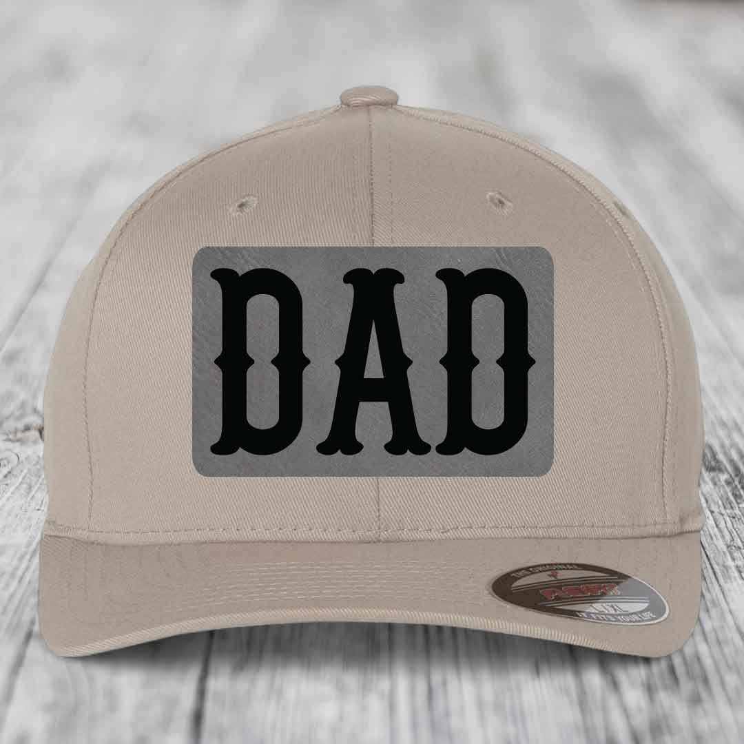 Dad - Leather Patch Hat - Grey to Black Patch - Flexfit 6277 Fitted Hat