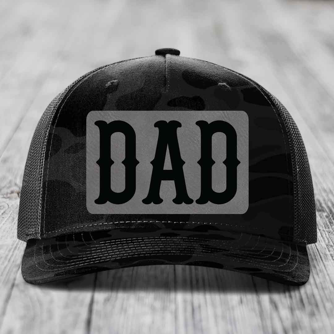 Dad - Leather Patch Hat - Grey to Black Patch - Richardson 112PFP Snapback Trucker Hat