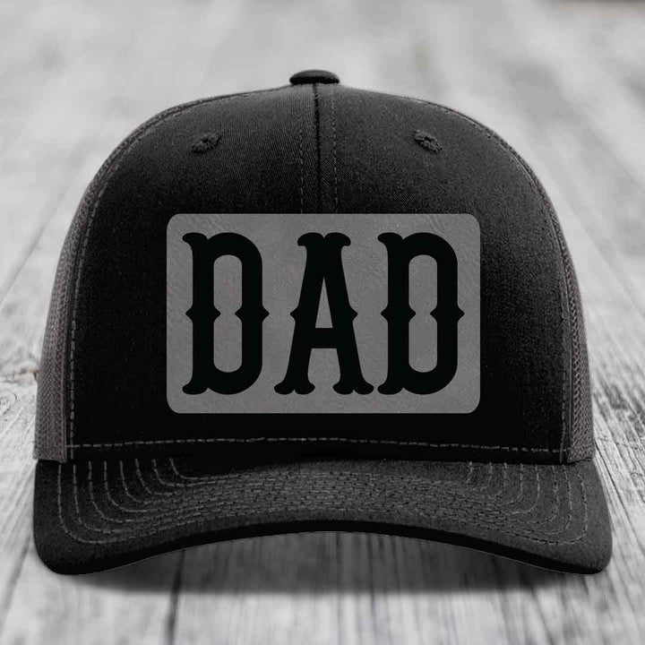 Dad - Leather Patch Hat - Grey to Black Patch - Richardson 112 Snapback Trucker Hat