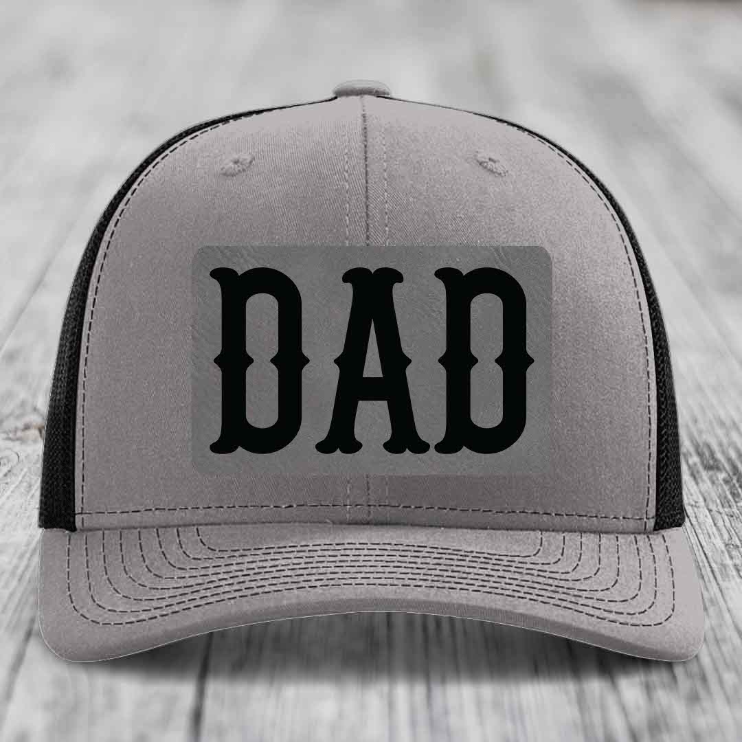 Dad - Leather Patch Hat - Grey to Black Patch - Richardson 112 Snapback Trucker Hat