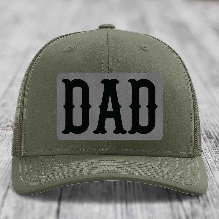 Olive green trucker hat with black mesh back and &