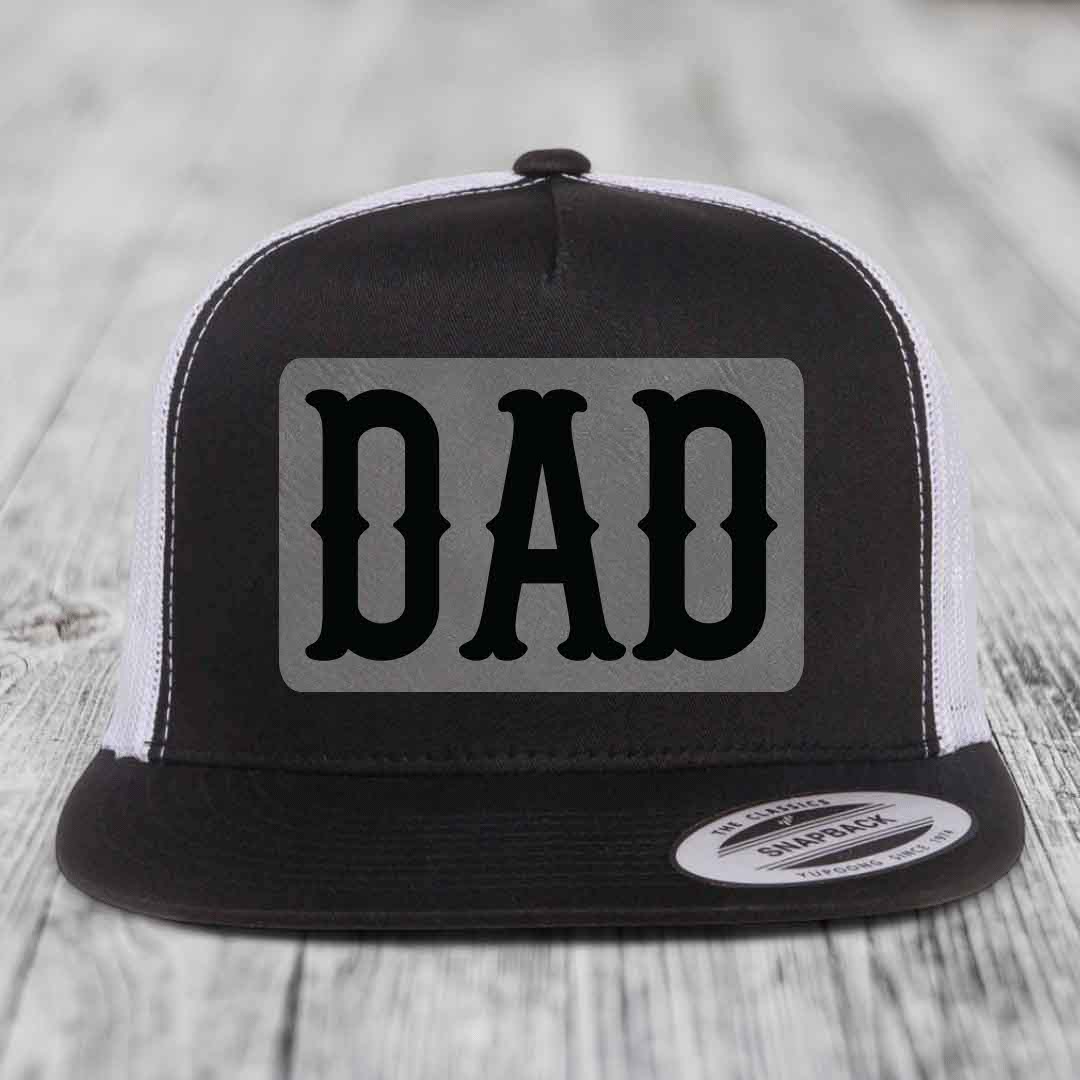 Dad - Leather Patch Hat - Grey to Black Patch - Yupoong 6006 Snapback Flatbill Hat