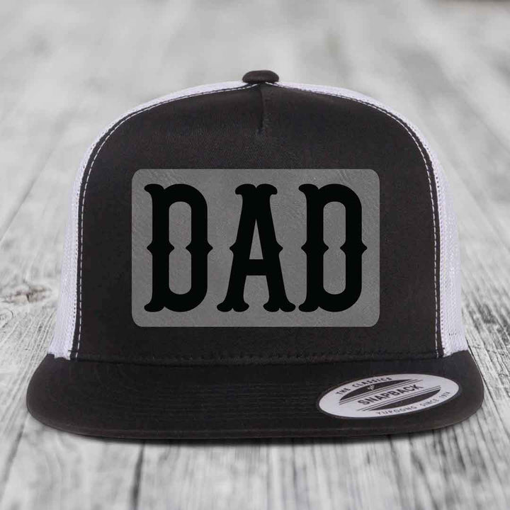 Dad - Leather Patch Hat - Grey to Black Patch - Yupoong 6006 Snapback Flatbill Hat