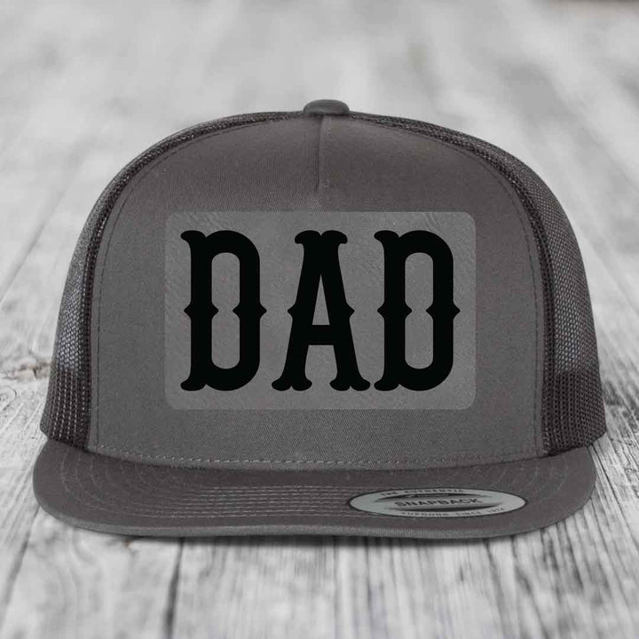 Dad - Leather Patch Hat - Grey to Black Patch - Yupoong 6006 Snapback Flatbill Hat