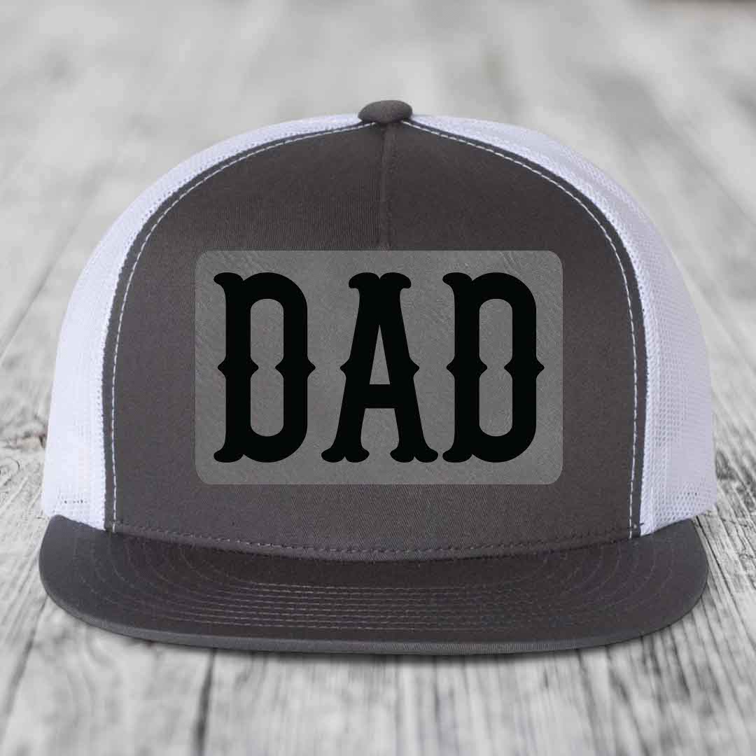 Dad - Leather Patch Hat - Grey to Black Patch - Yupoong 6006 Snapback Flatbill Hat