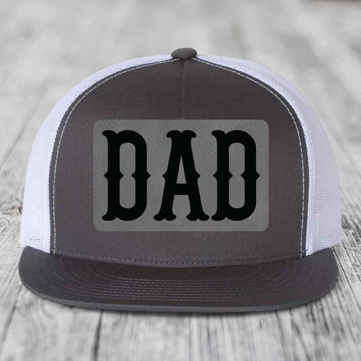 Dad - Leather Patch Hat - Grey to Black Patch - Yupoong 6006 Snapback Flatbill Hat