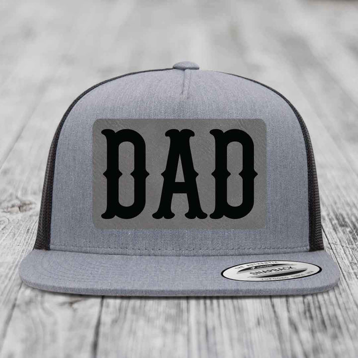 Dad - Leather Patch Hat - Grey to Black Patch - Yupoong 6006 Snapback Flatbill Hat