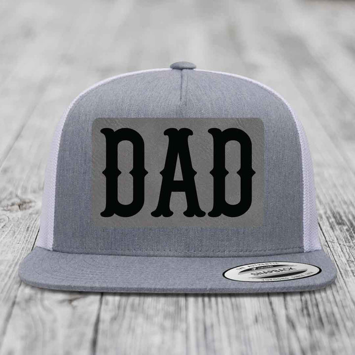 Dad - Leather Patch Hat - Grey to Black Patch - Yupoong 6006 Snapback Flatbill Hat