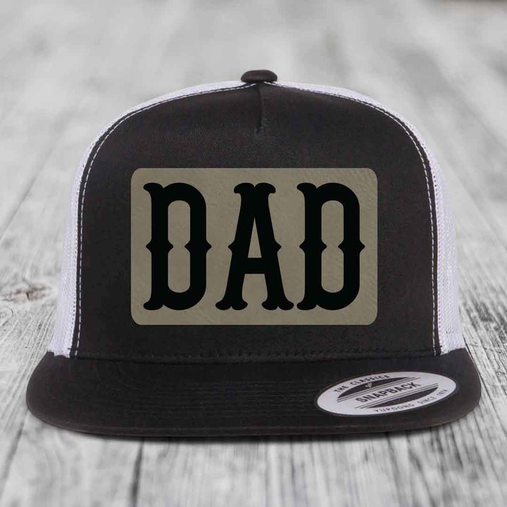 Dad - Leather Patch Hat - Light Brown to Black Patch - Yupoong 6006 Snapback Flatbill Hat