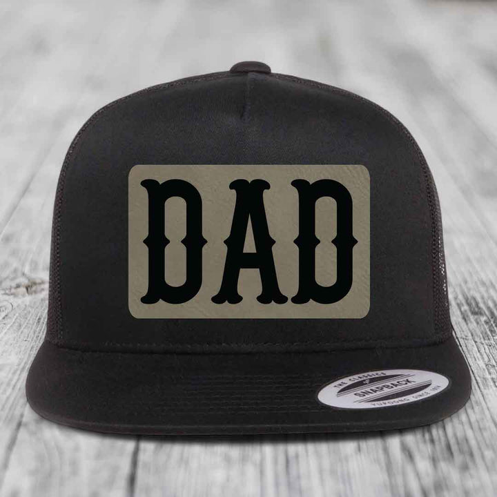 Dad - Leather Patch Hat - Light Brown to Black Patch - Yupoong 6006 Snapback Flatbill Hat