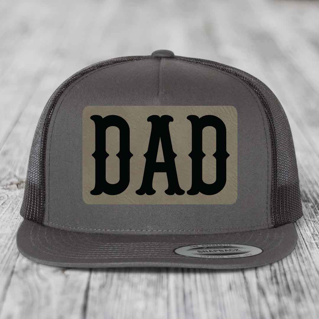 Dad - Leather Patch Hat - Light Brown to Black Patch - Yupoong 6006 Snapback Flatbill Hat