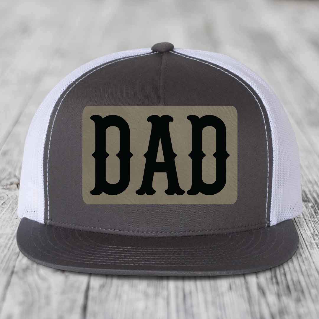 Dad - Leather Patch Hat - Light Brown to Black Patch - Yupoong 6006 Snapback Flatbill Hat