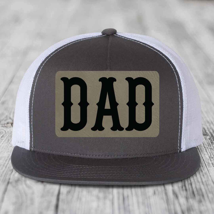 Dad - Leather Patch Hat - Light Brown to Black Patch - Yupoong 6006 Snapback Flatbill Hat