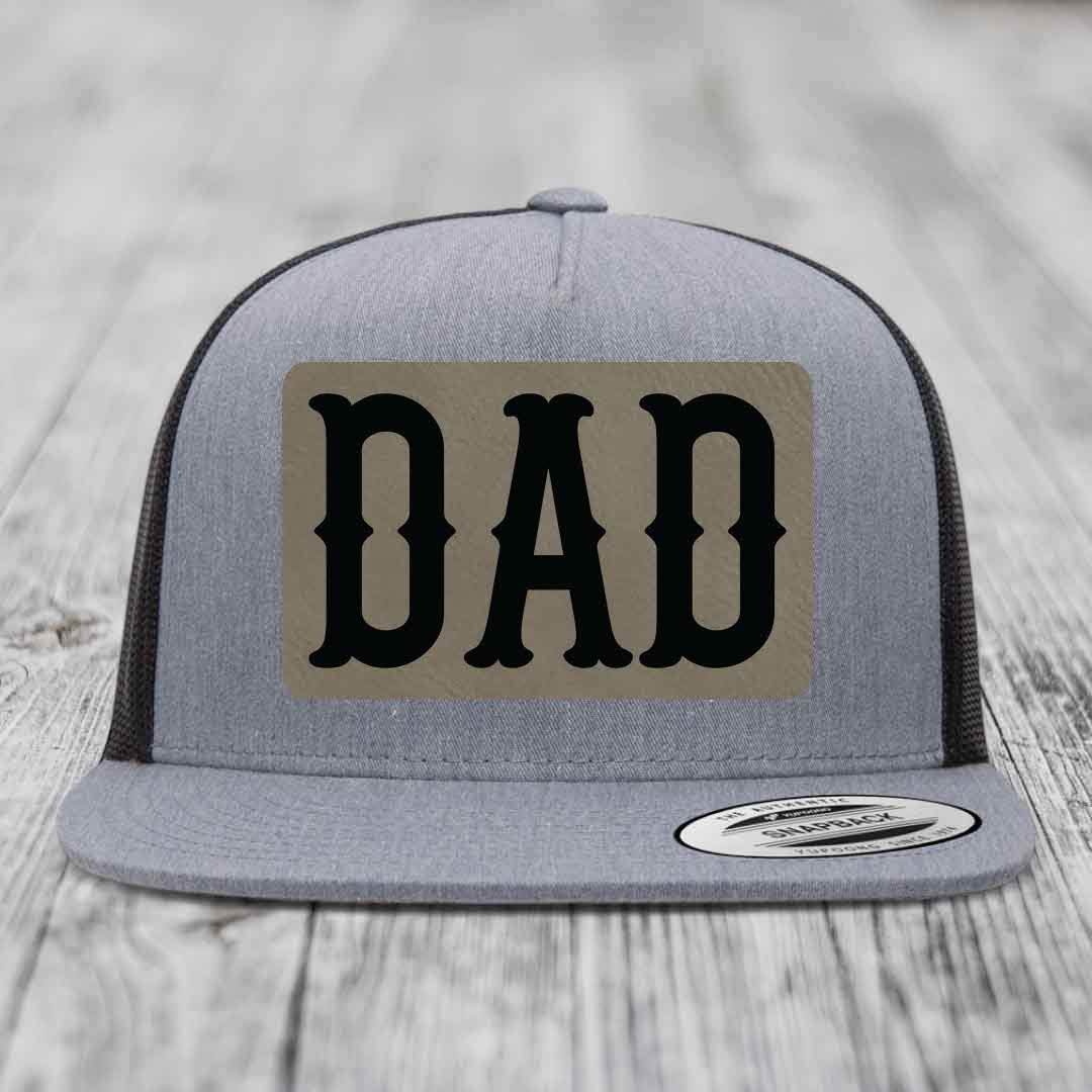 Dad - Leather Patch Hat - Light Brown to Black Patch - Yupoong 6006 Snapback Flatbill Hat