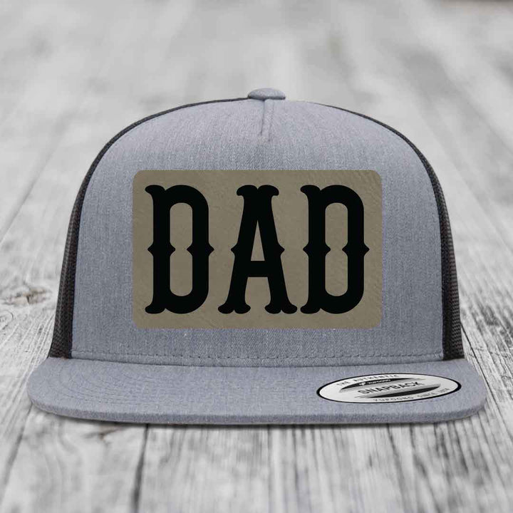 Dad - Leather Patch Hat - Light Brown to Black Patch - Yupoong 6006 Snapback Flatbill Hat