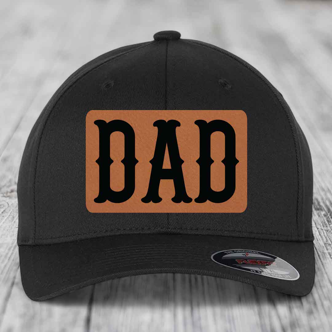 Black baseball cap with brown leather patch featuring black &