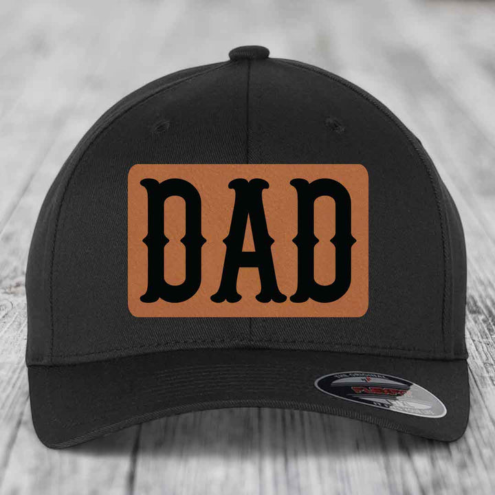 Black baseball cap with brown leather patch featuring black &