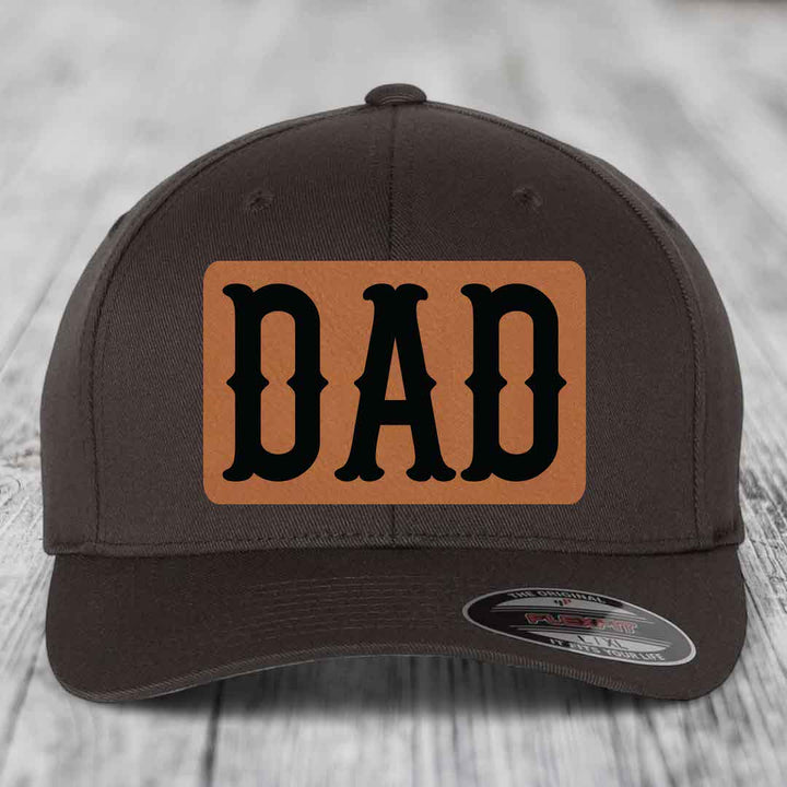 Dad - Leather Patch Hat - Rawhide to Black Patch - Flexfit 6277 Fitted Hat