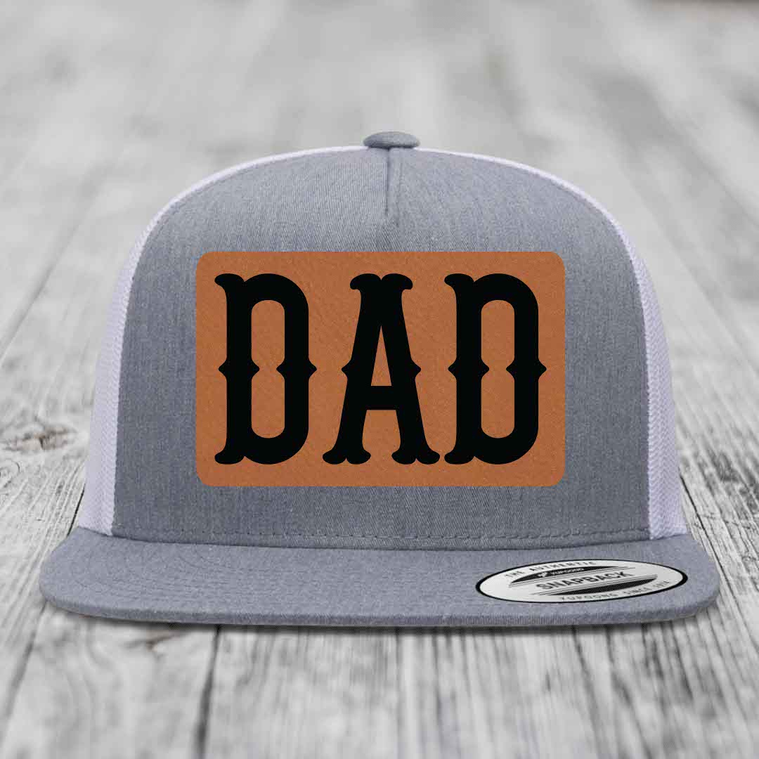Dad - Leather Patch Hat - Rawhide to Black Patch - Yupoong 6006 Snapback Flatbill Hat