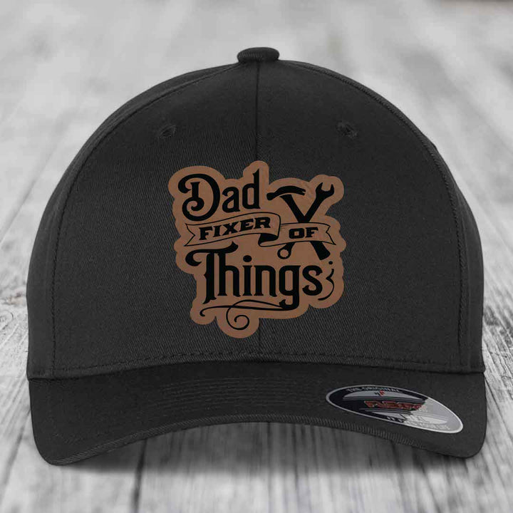 Dad Fixer of Things - Leather Patch Hat - Dark Brown to Black Patch - Flexfit 6277 Fitted Hat