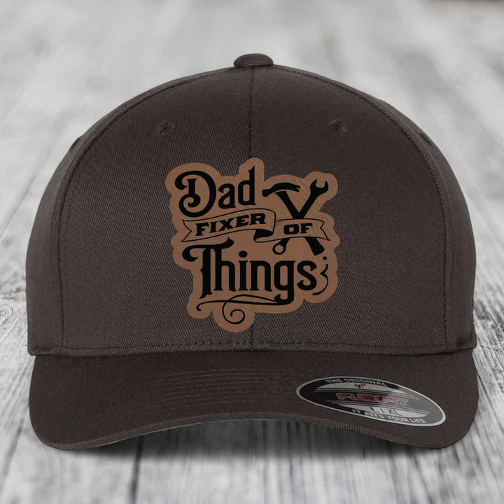 Dad Fixer of Things - Leather Patch Hat - Dark Brown to Black Patch - Flexfit 6277 Fitted Hat