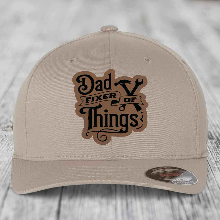 Dad Fixer of Things - Leather Patch Hat - Dark Brown to Black Patch - Flexfit 6277 Fitted Hat