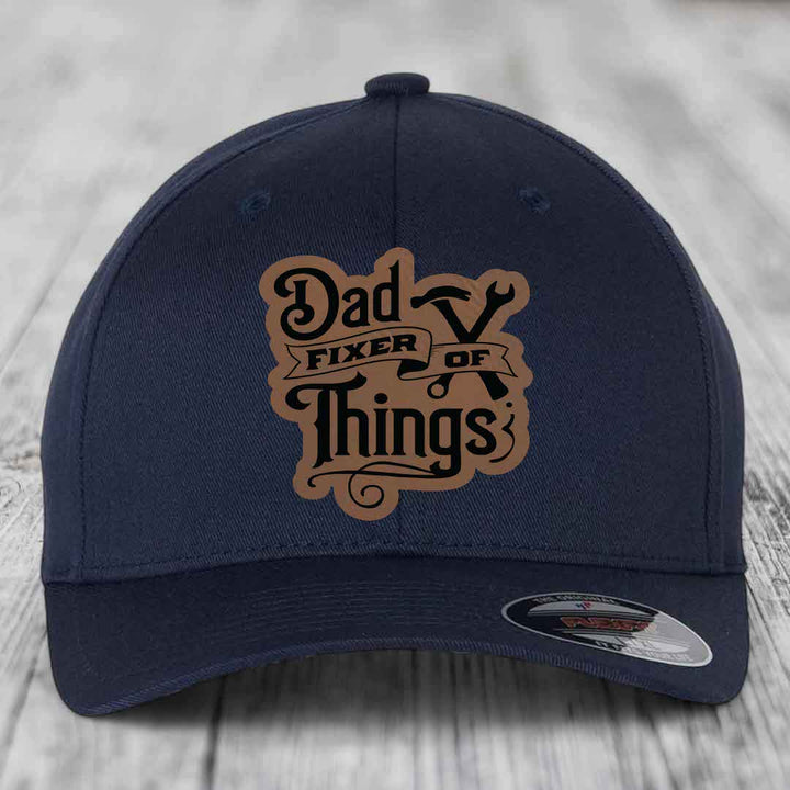 Dad Fixer of Things - Leather Patch Hat - Dark Brown to Black Patch - Flexfit 6277 Fitted Hat