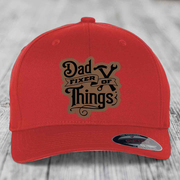 Dad Fixer of Things - Leather Patch Hat - Dark Brown to Black Patch - Flexfit 6277 Fitted Hat