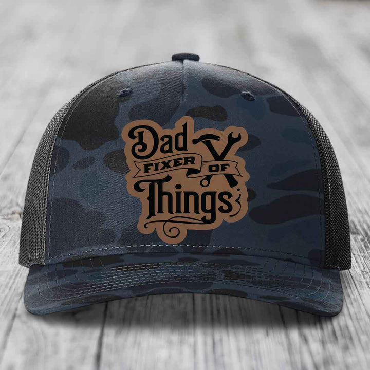 Dad Fixer of Things - Leather Patch Hat - Dark Brown to Black Patch - Richardson 112PFP Snapback Trucker Hat