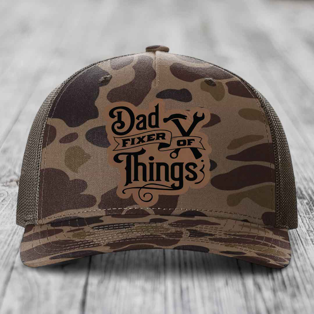 Dad Fixer of Things - Leather Patch Hat - Dark Brown to Black Patch - Richardson 112PFP Snapback Trucker Hat