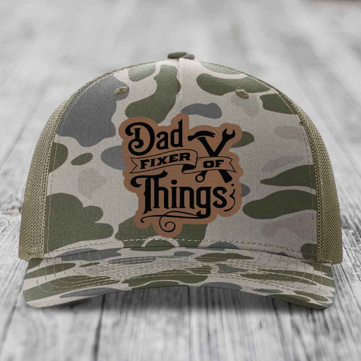 Dad Fixer of Things - Leather Patch Hat - Dark Brown to Black Patch - Richardson 112PFP Snapback Trucker Hat