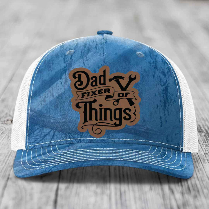 Dad Fixer of Things - Leather Patch Hat - Dark Brown to Black Patch - Richardson 112PFP Snapback Trucker Hat