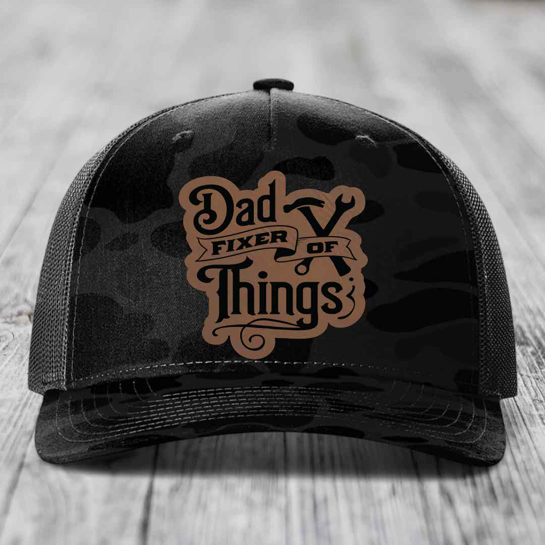 Dad Fixer of Things - Leather Patch Hat - Dark Brown to Black Patch - Richardson 112PFP Snapback Trucker Hat