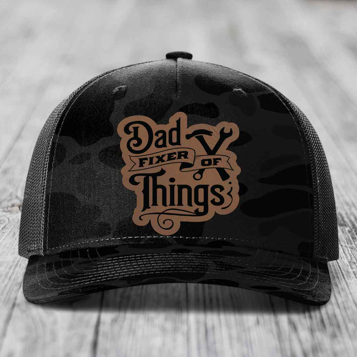 Dad Fixer of Things - Leather Patch Hat - Dark Brown to Black Patch - Richardson 112PFP Snapback Trucker Hat