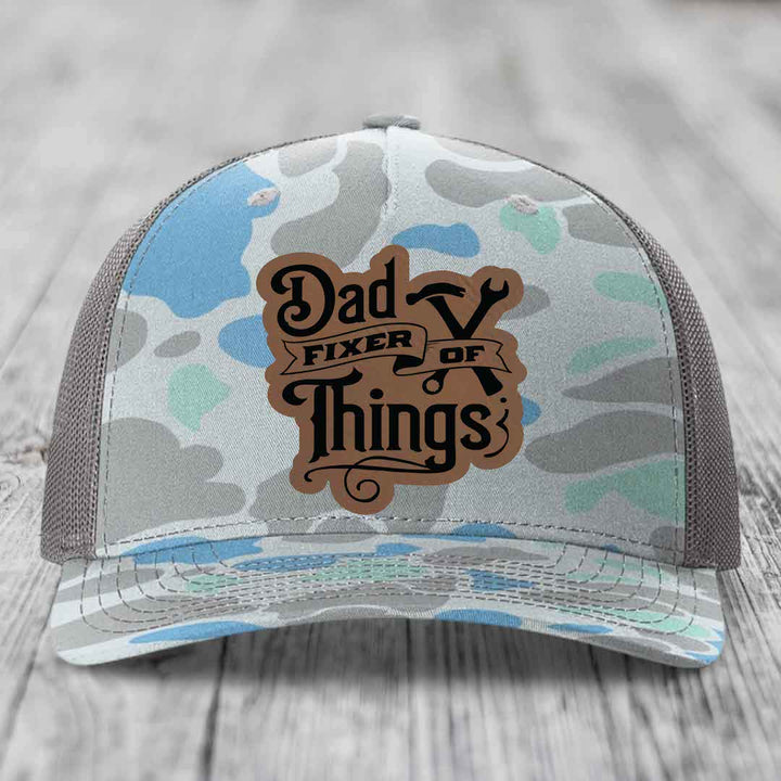Dad Fixer of Things - Leather Patch Hat - Dark Brown to Black Patch - Richardson 112PFP Snapback Trucker Hat