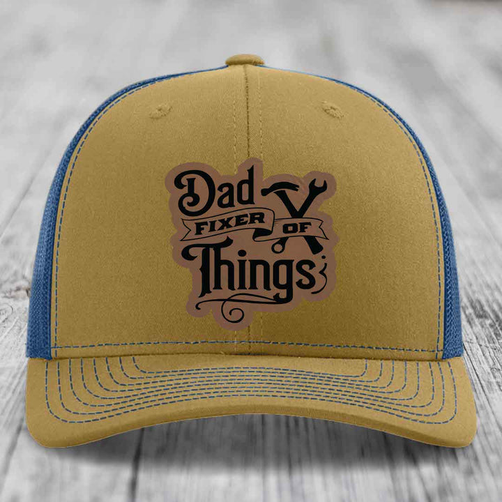 Dad Fixer of Things - Leather Patch Hat - Dark Brown to Black Patch - Richardson 112 Snapback Trucker Hat