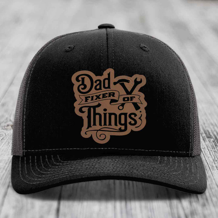 Dad Fixer of Things - Leather Patch Hat - Dark Brown to Black Patch - Richardson 112 Snapback Trucker Hat