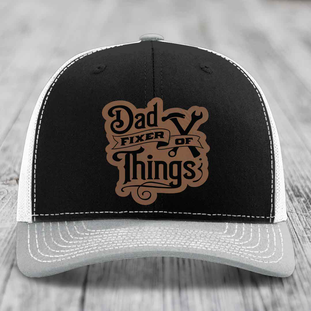 Dad Fixer of Things - Leather Patch Hat - Dark Brown to Black Patch - Richardson 112 Snapback Trucker Hat