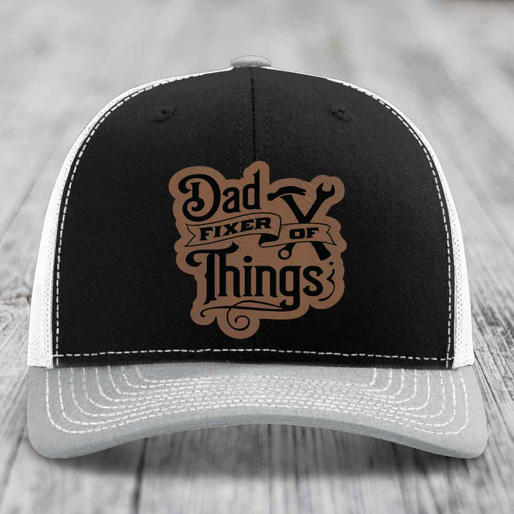 Dad Fixer of Things - Leather Patch Hat - Dark Brown to Black Patch - Richardson 112 Snapback Trucker Hat