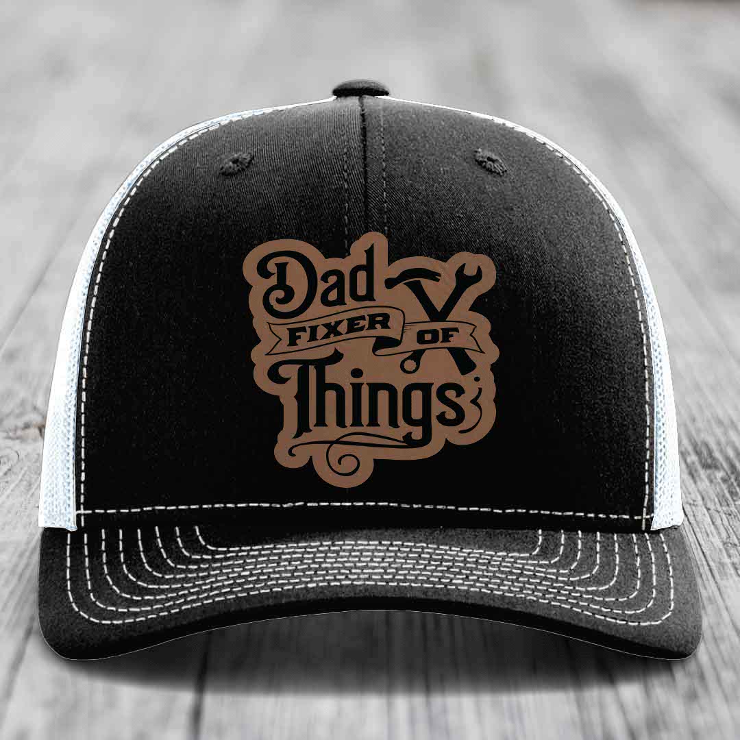 Dad Fixer of Things - Leather Patch Hat - Dark Brown to Black Patch - Richardson 112 Snapback Trucker Hat