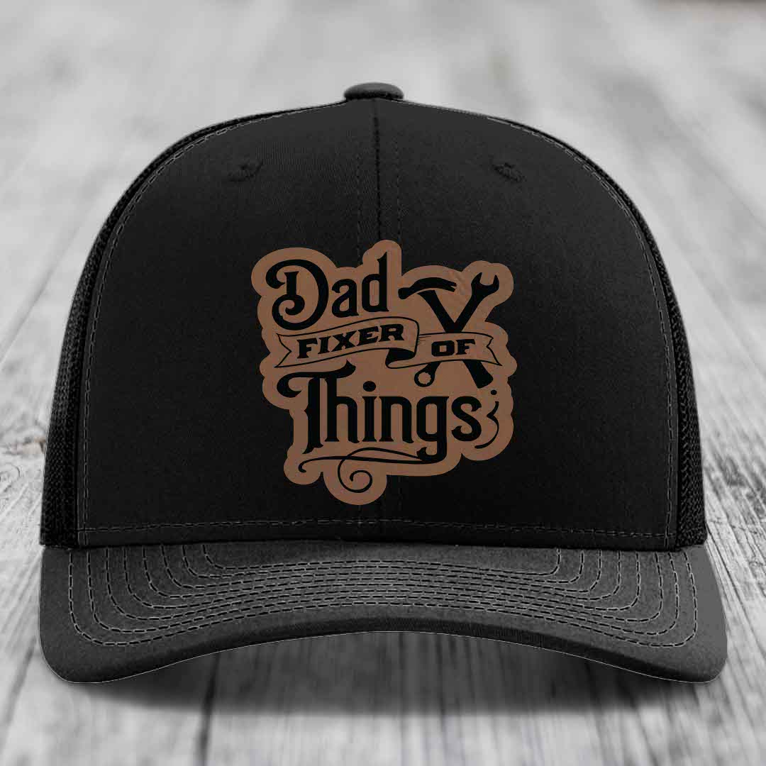 Dad Fixer of Things - Leather Patch Hat - Dark Brown to Black Patch - Richardson 112 Snapback Trucker Hat