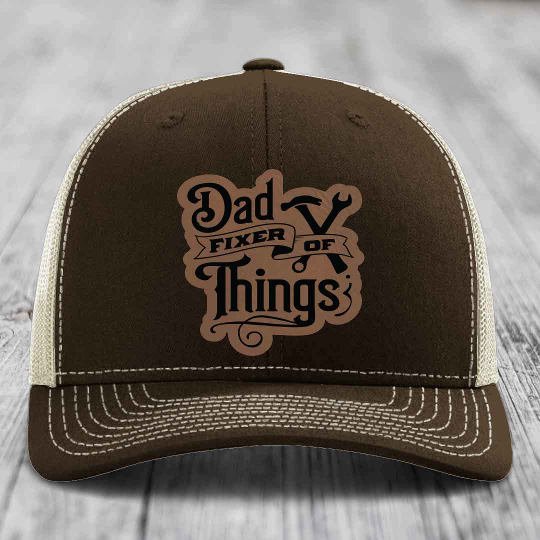Dad Fixer of Things - Leather Patch Hat - Dark Brown to Black Patch - Richardson 112 Snapback Trucker Hat