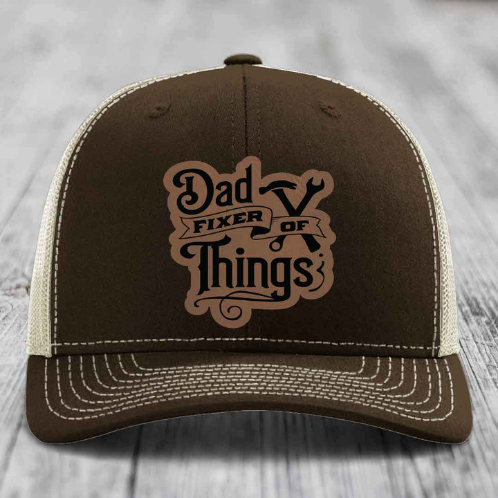 Dad Fixer of Things - Leather Patch Hat - Dark Brown to Black Patch - Richardson 112 Snapback Trucker Hat