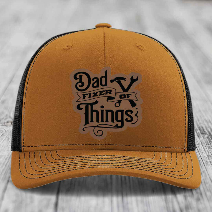 Dad Fixer of Things - Leather Patch Hat - Dark Brown to Black Patch - Richardson 112 Snapback Trucker Hat